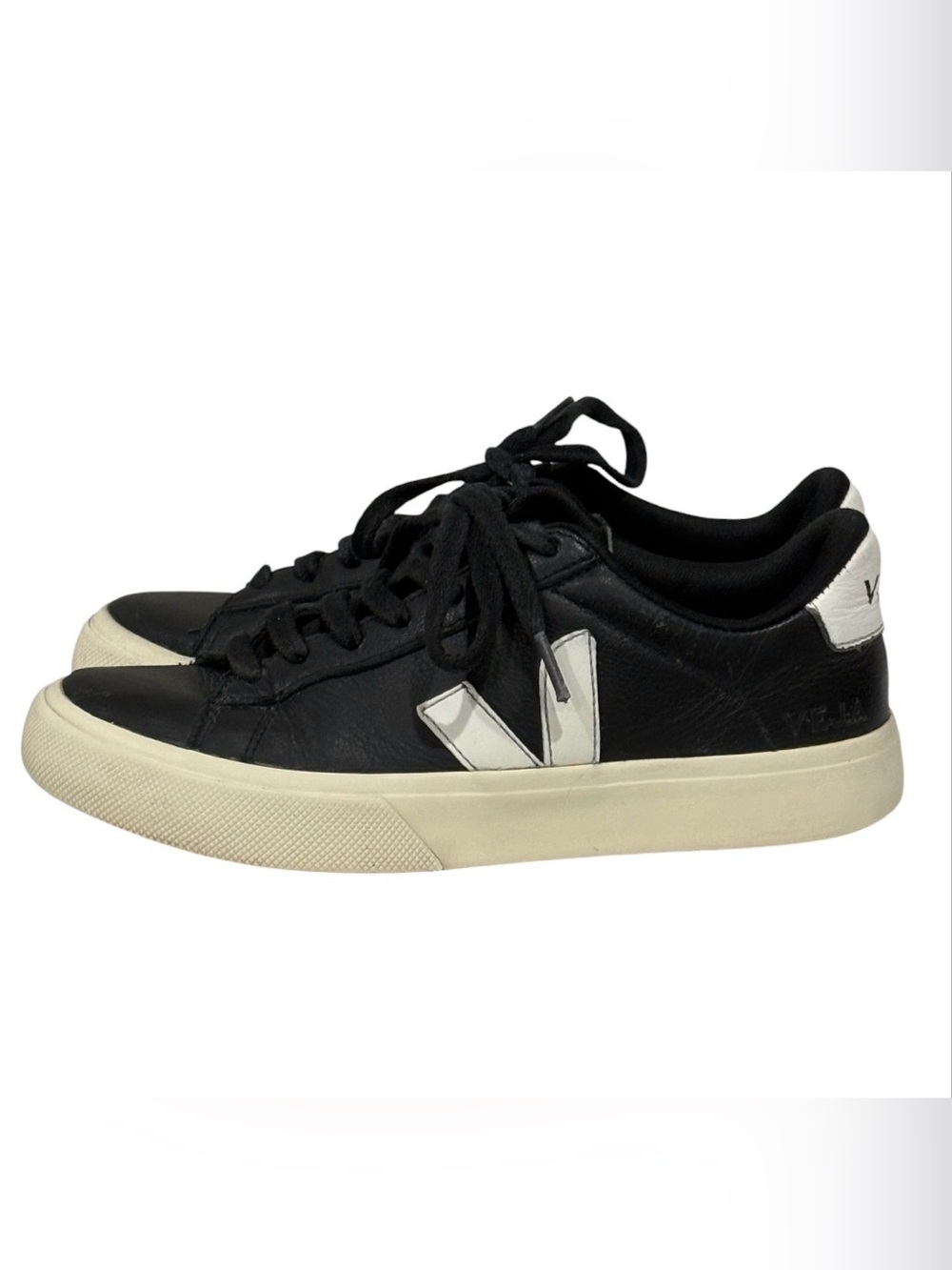 VEJA Black Leather Low-Top Lace-Up Sneakers White Logo EU 37 US 6 UK 4 - Picture 5 of 8